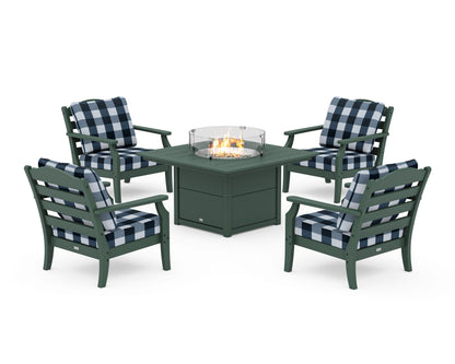 Draper James™ by  POLYWOOD® Savannah 5-Piece Deep Seating Set with Fire Pit Table in Green / Buffalo Plaid Marine Indigo