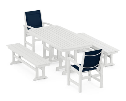 POLYWOOD® Coastal 5-Piece Dining Set in White / Navy Blue Sling