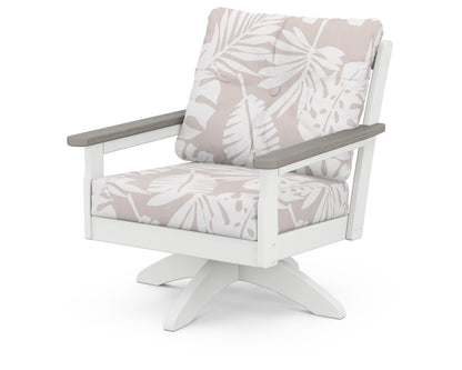 POLYWOOD® Vineyard Deep Seating Swivel Chair in White / Driftwood / Leaf Dune Burlap