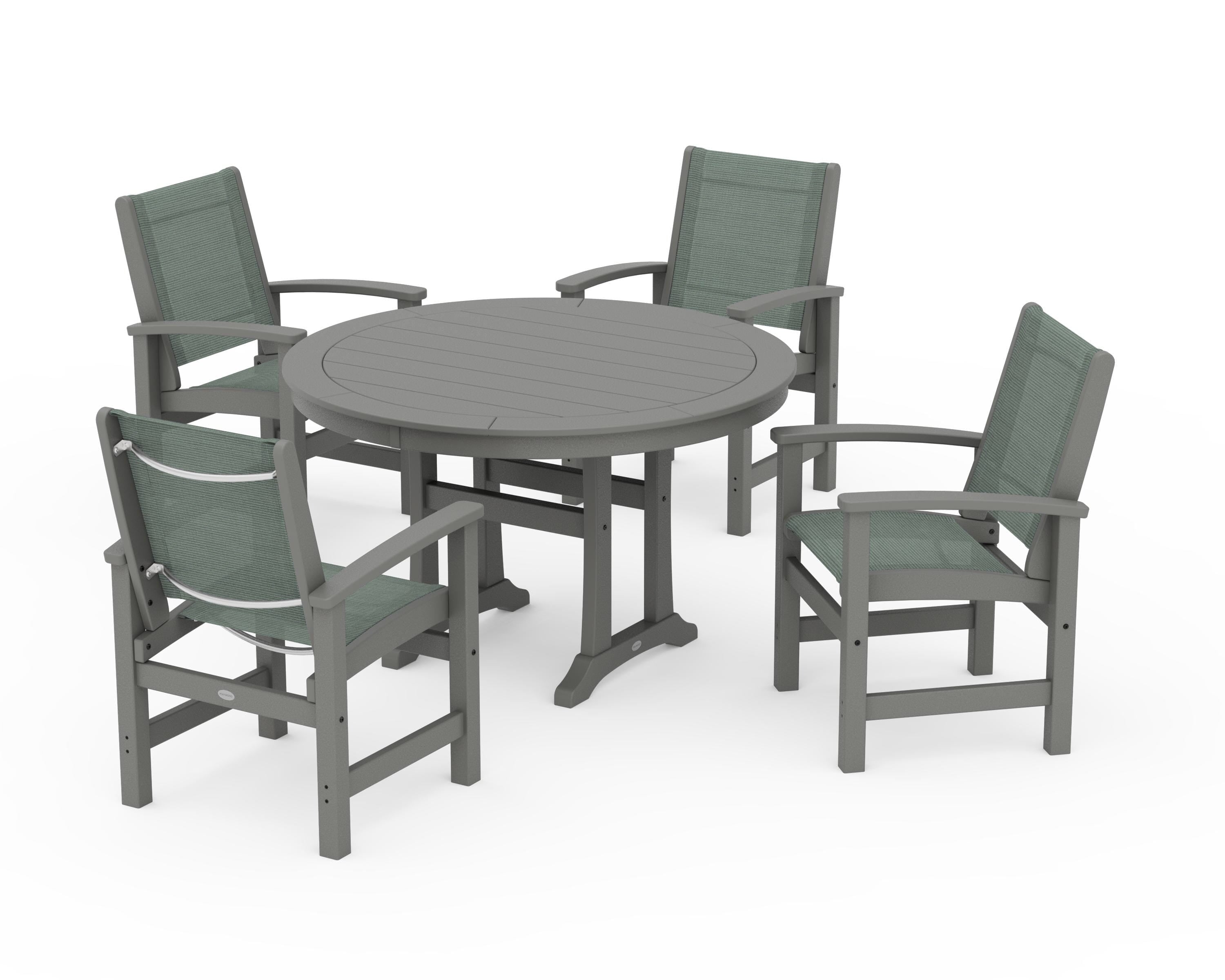 POLYWOOD® Coastal 5-Piece Round Dining Set with Trestle Legs in Slate Grey / Dupioni Sea Mist Sling