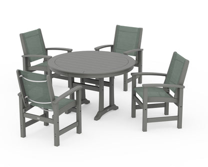 POLYWOOD® Coastal 5-Piece Round Dining Set with Trestle Legs in Slate Grey / Dupioni Sea Mist Sling