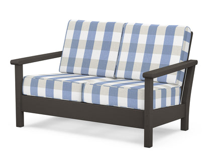POLYWOOD® Harbour Deep Seating Loveseat in Vintage Coffee / Buffalo Plaid Sky Blue