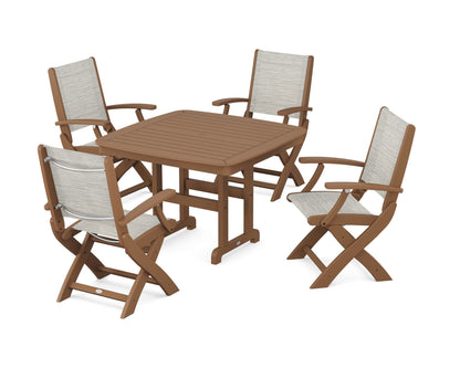 POLYWOOD® Coastal Folding Chair 5-Piece Dining Set in Teak / Birch Sling