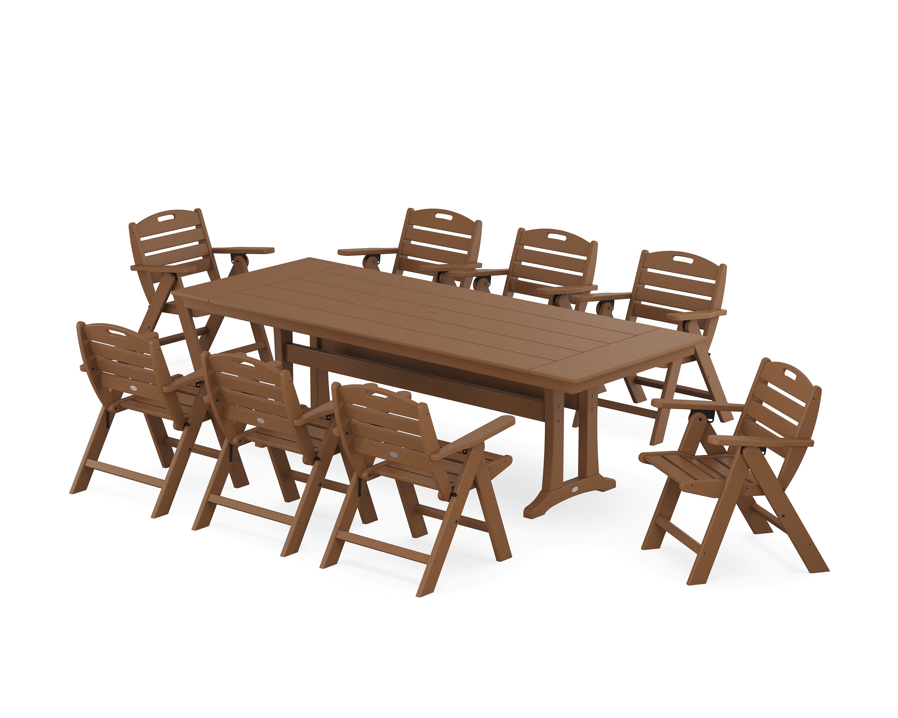 POLYWOOD® Nautical Lowback 9-Piece Farmhouse Dining Set with Trestle Legs in Teak