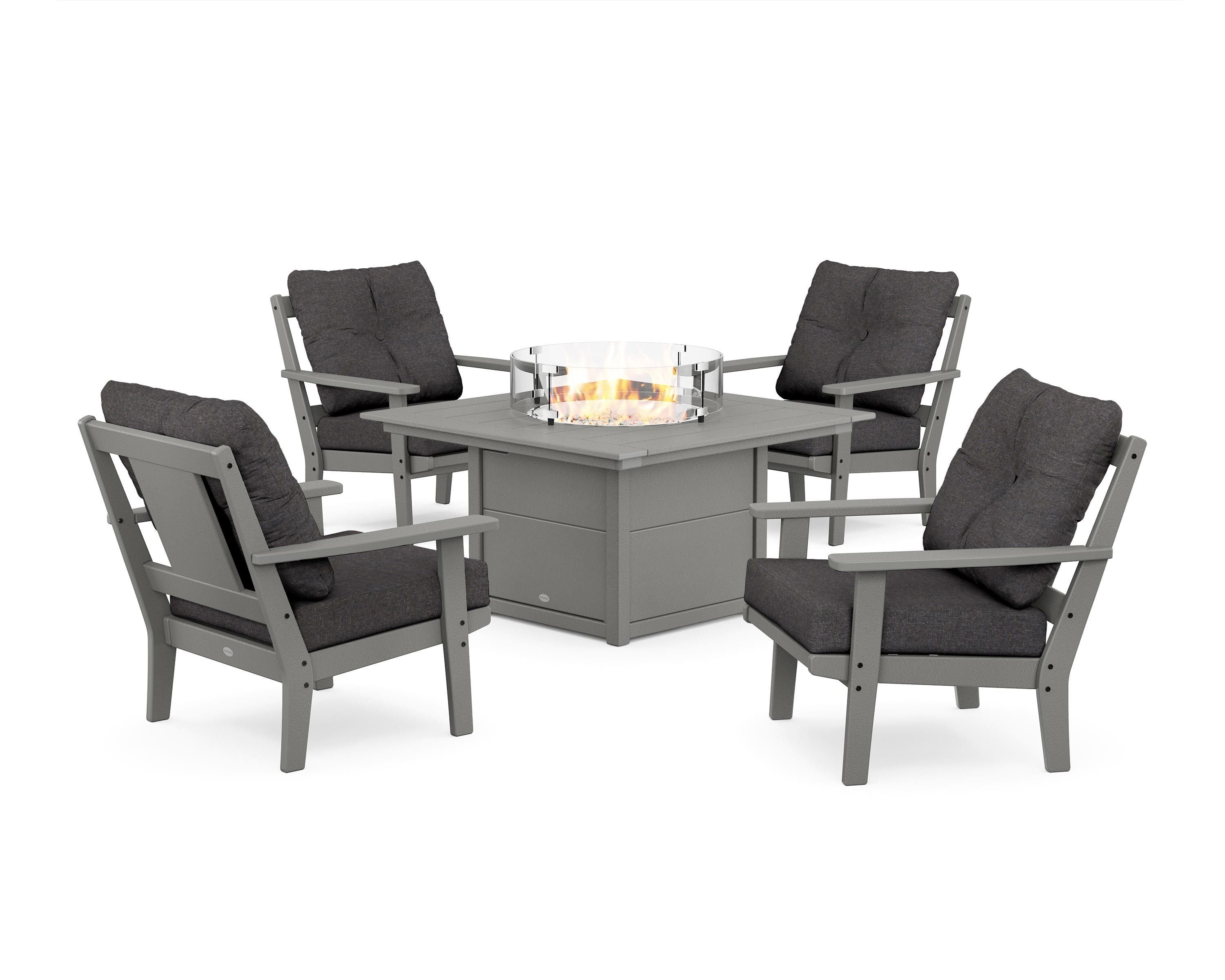 POLYWOOD® Prairie 5-Piece Deep Seating Set with Fire Pit Table in Slate Grey / Ash Charcoal