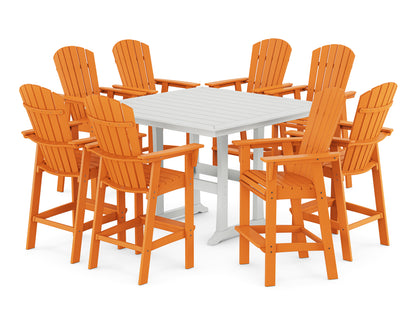 POLYWOOD® Nautical Curveback Adirondack 9-Piece Trestle Bar Set in Tangerine / White