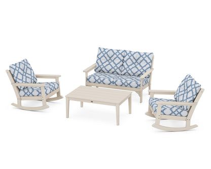 POLYWOOD® Vineyard 4-Piece Deep Seating Rocking Chair Set in Sand / Trellis Sky Blue