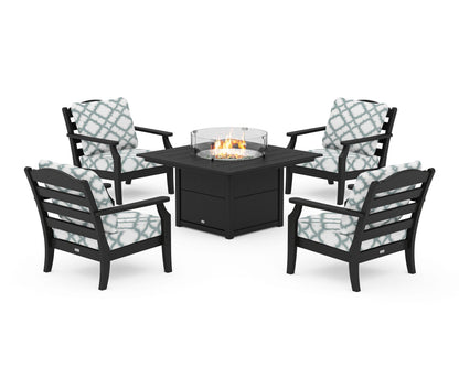 Draper James™ by  POLYWOOD® Savannah 5-Piece Deep Seating Set with Fire Pit Table in Black / Trellis Glacier Spa