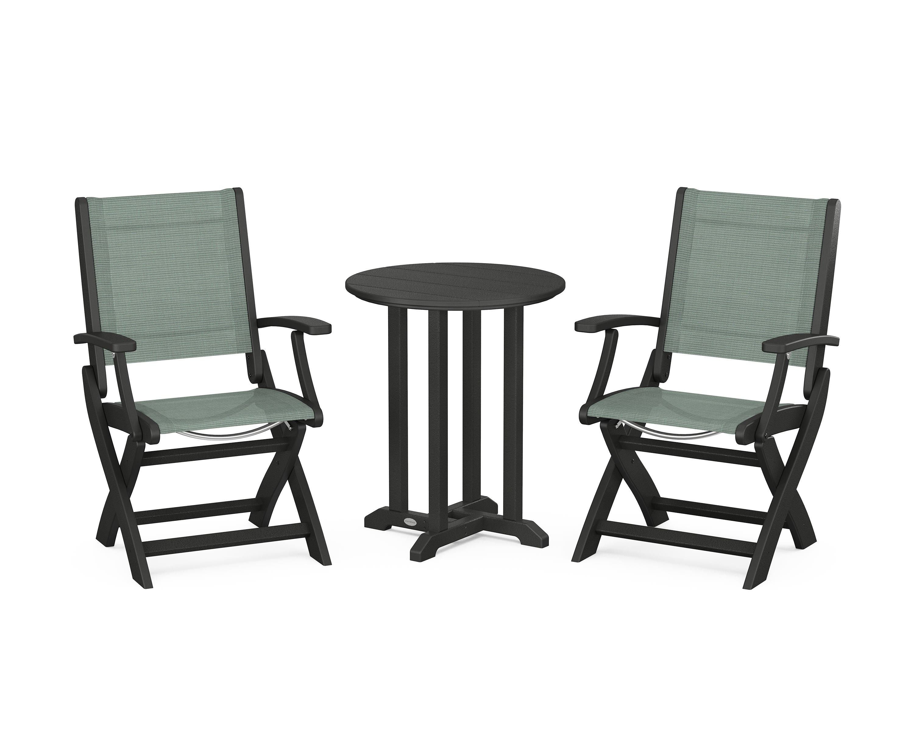 POLYWOOD® Coastal Folding 3-Piece Round Bistro Dining Set in Black / Dupioni Sea Mist Sling