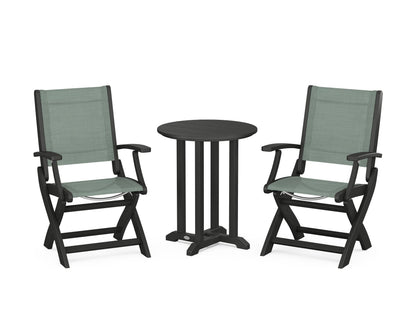 POLYWOOD® Coastal Folding 3-Piece Round Bistro Dining Set in Black / Dupioni Sea Mist Sling