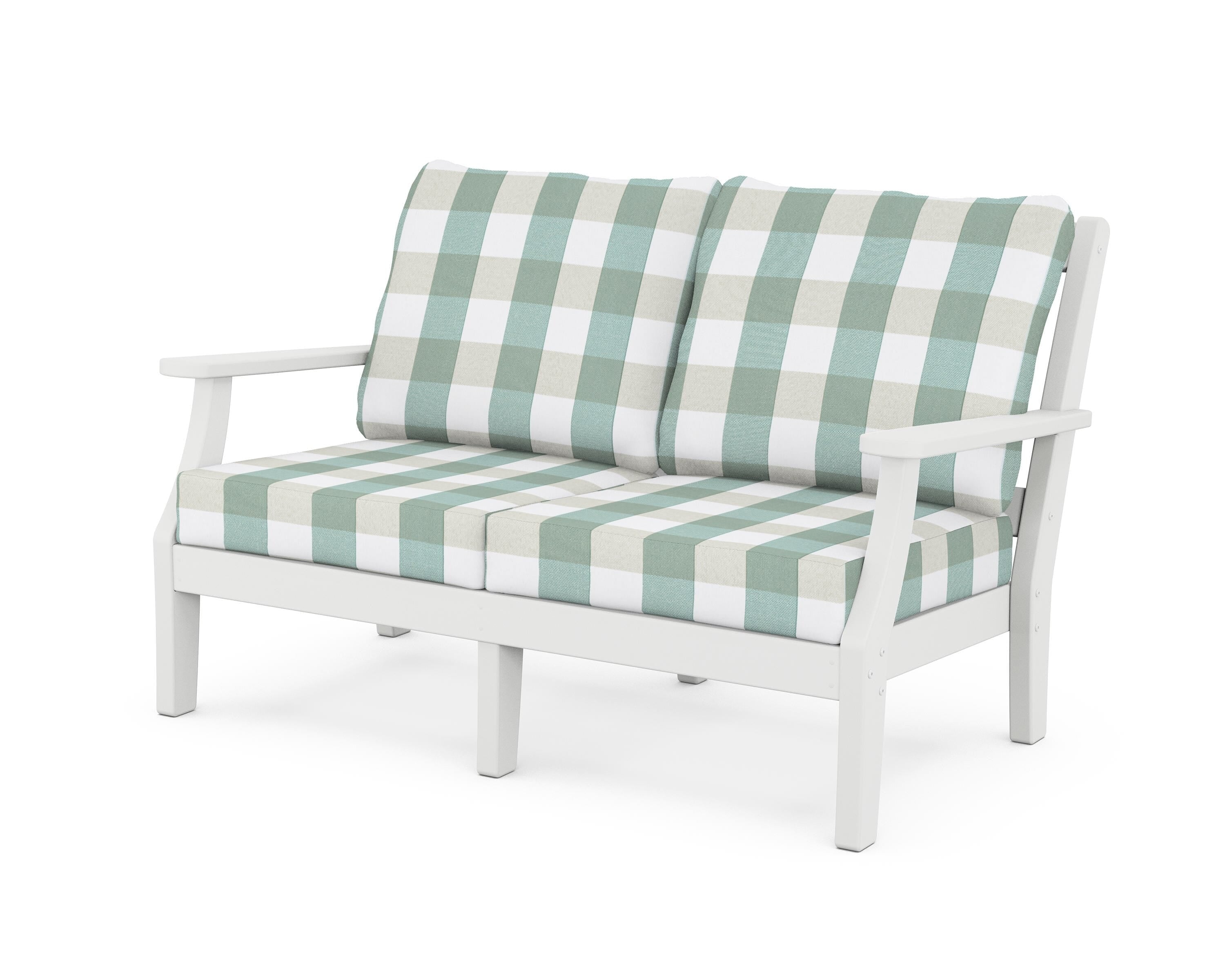 Martha Stewart by POLYWOOD® Chinoiserie Deep Seating Loveseat in White / Buffalo Plaid Glacier Spa