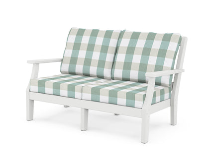 Martha Stewart by POLYWOOD® Chinoiserie Deep Seating Loveseat in White / Buffalo Plaid Glacier Spa