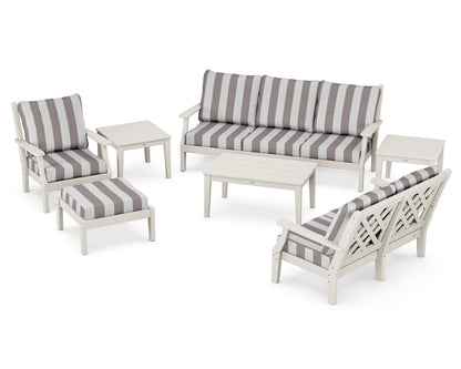 Country Living Wovendale 7-Piece Deep Seating Set in Sand / Cabana Stripe Grey Mist