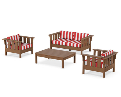Martha Stewart by POLYWOOD® Acadia 4-Piece Deep Seating Set with Loveseat in Teak / Cabana Stripe Crimson