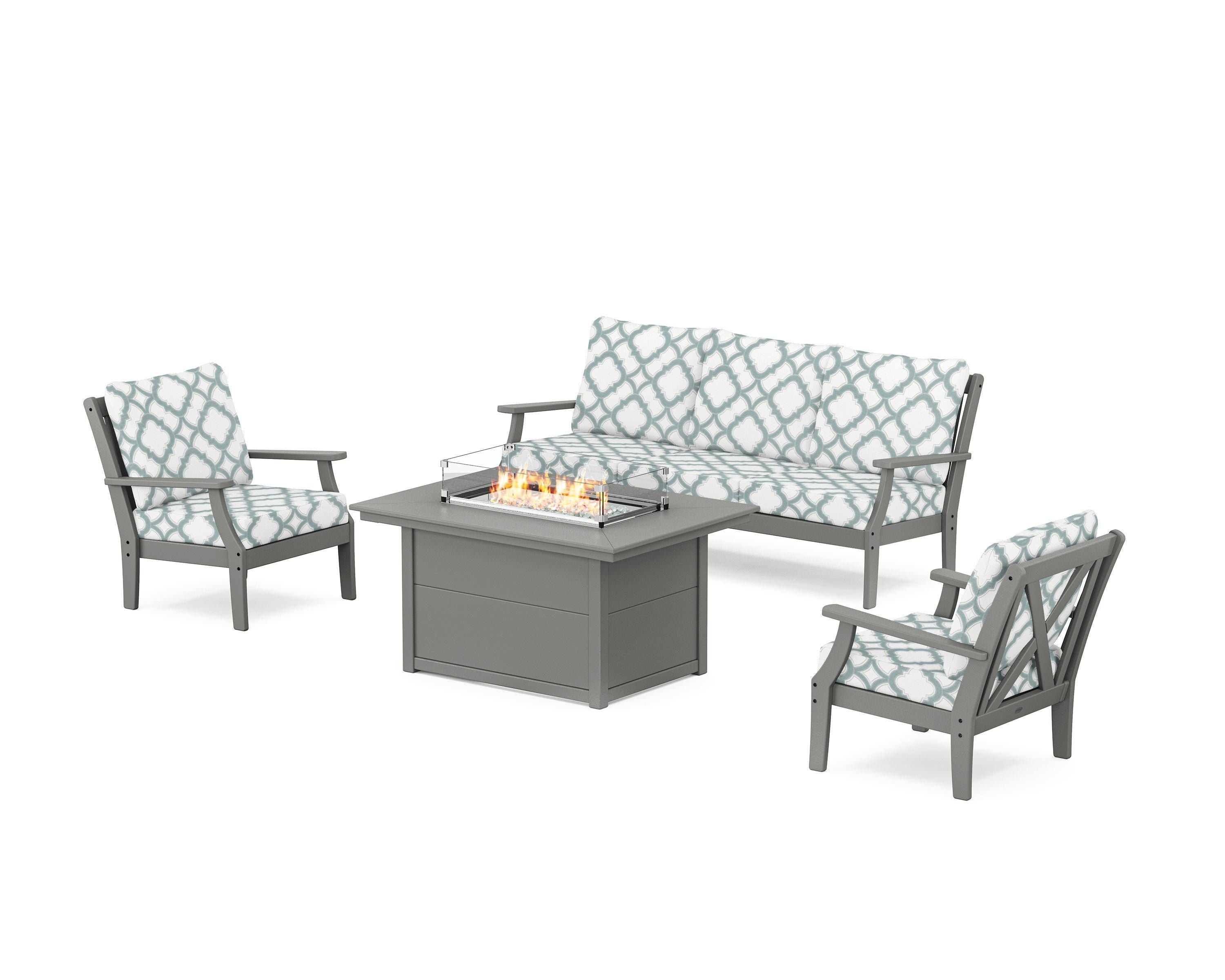 POLYWOOD® Braxton Deep Seating Fire Pit Table Set in Slate Grey / Trellis Glacier Spa