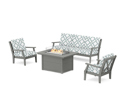 POLYWOOD® Braxton Deep Seating Fire Pit Table Set in Slate Grey / Trellis Glacier Spa