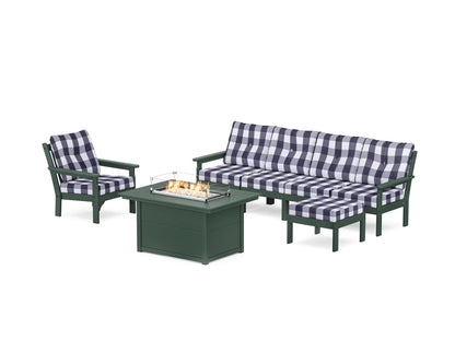 POLYWOOD® Vineyard Sectional Lounge and Fire Pit Set in Green / Buffalo Plaid Navy