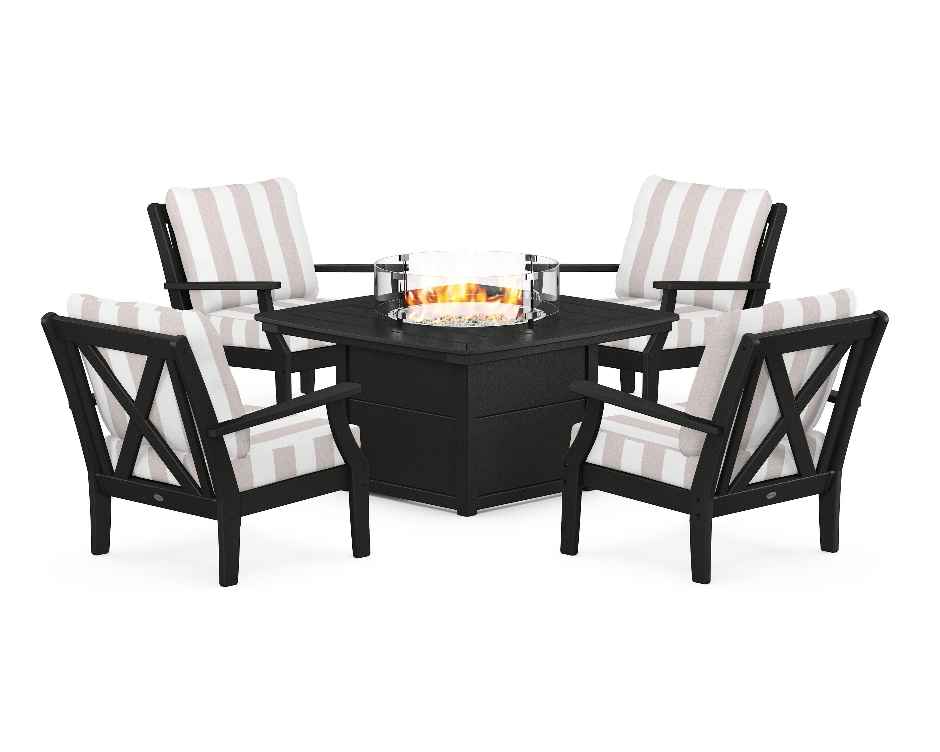 POLYWOOD® Braxton 5-Piece Deep Seating Conversation Set with Fire Pit Table in Black / Cabana Stripe Dune Burlap