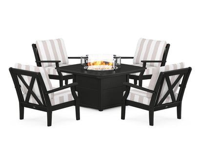 POLYWOOD® Braxton 5-Piece Deep Seating Conversation Set with Fire Pit Table in Black / Cabana Stripe Dune Burlap