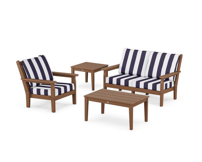 POLYWOOD® Chippendale 4-Piece Deep Seating Set in Teak / Cabana Stripe Navy