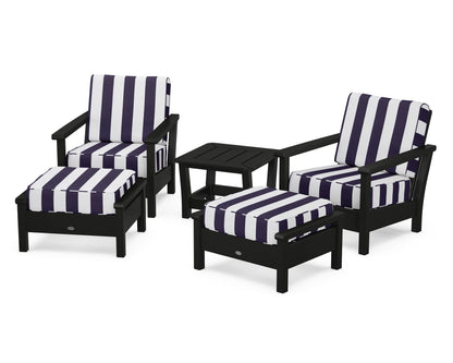 POLYWOOD® Harbour 5-Piece Deep Seating Chair Set in Black / Cabana Stripe Navy