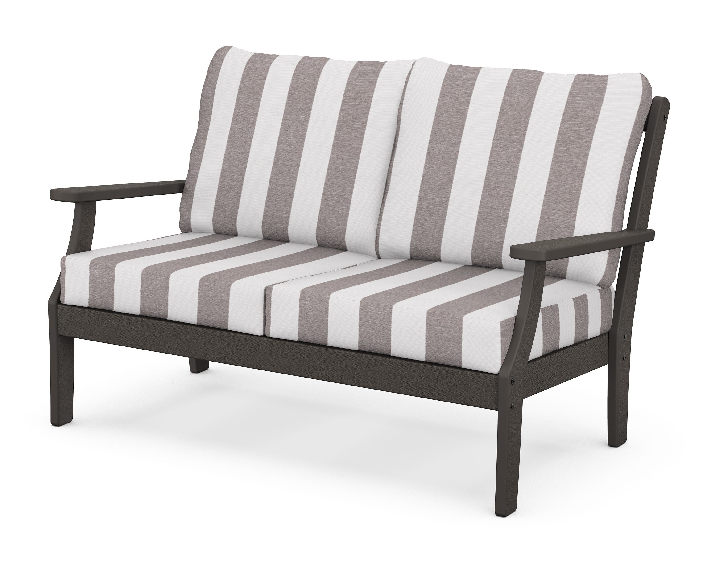 POLYWOOD® Braxton Deep Seating Loveseat in Vintage Coffee / Cabana Stripe Grey Mist