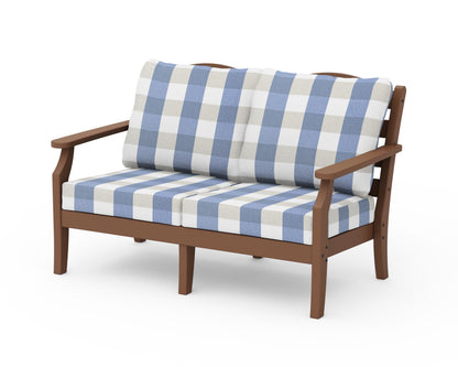 Draper James™ by  POLYWOOD® Savannah Deep Seating Loveseat in Teak / Buffalo Plaid Sky Blue
