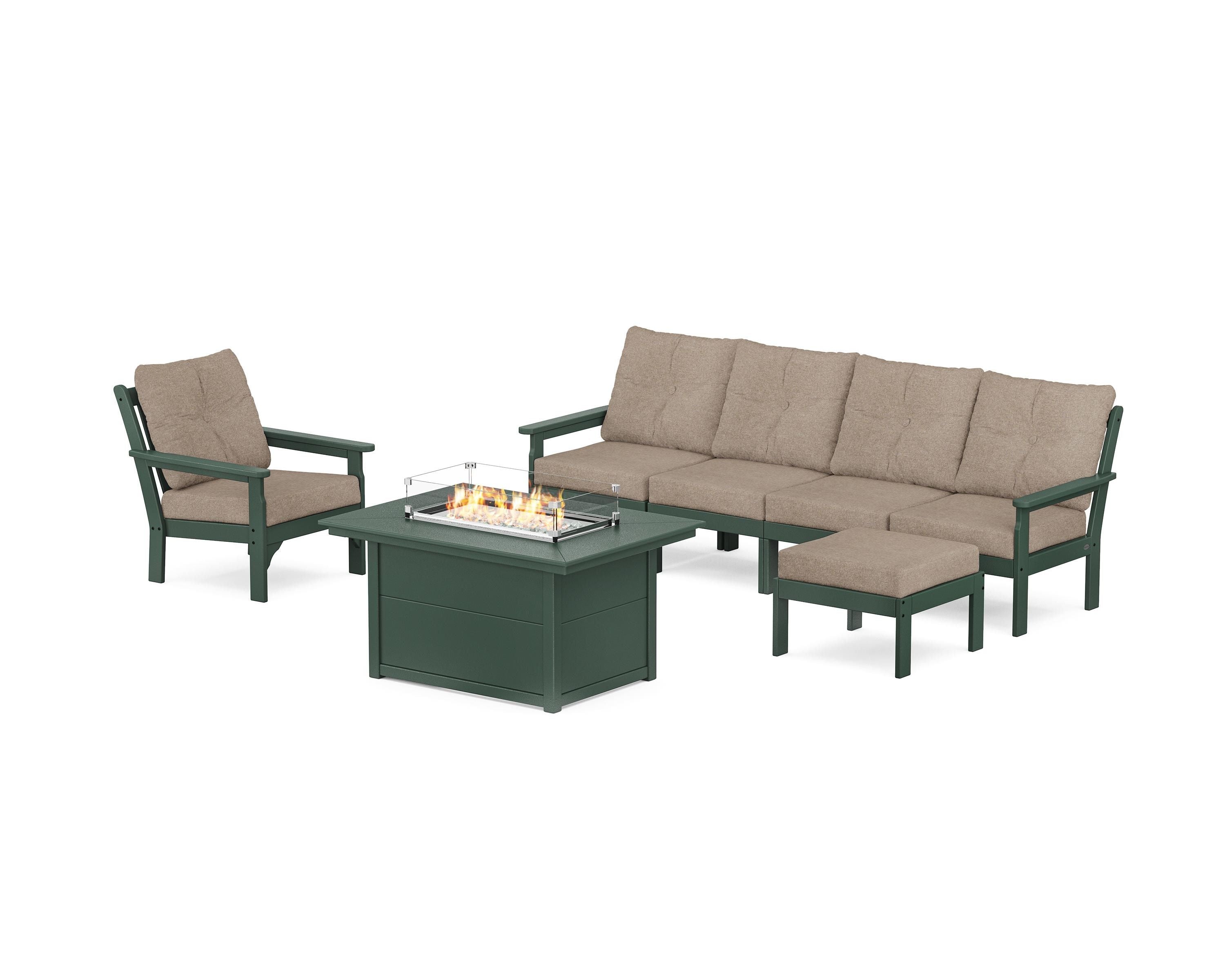 POLYWOOD® Vineyard Sectional Lounge and Fire Pit Set in Green / Spiced Burlap
