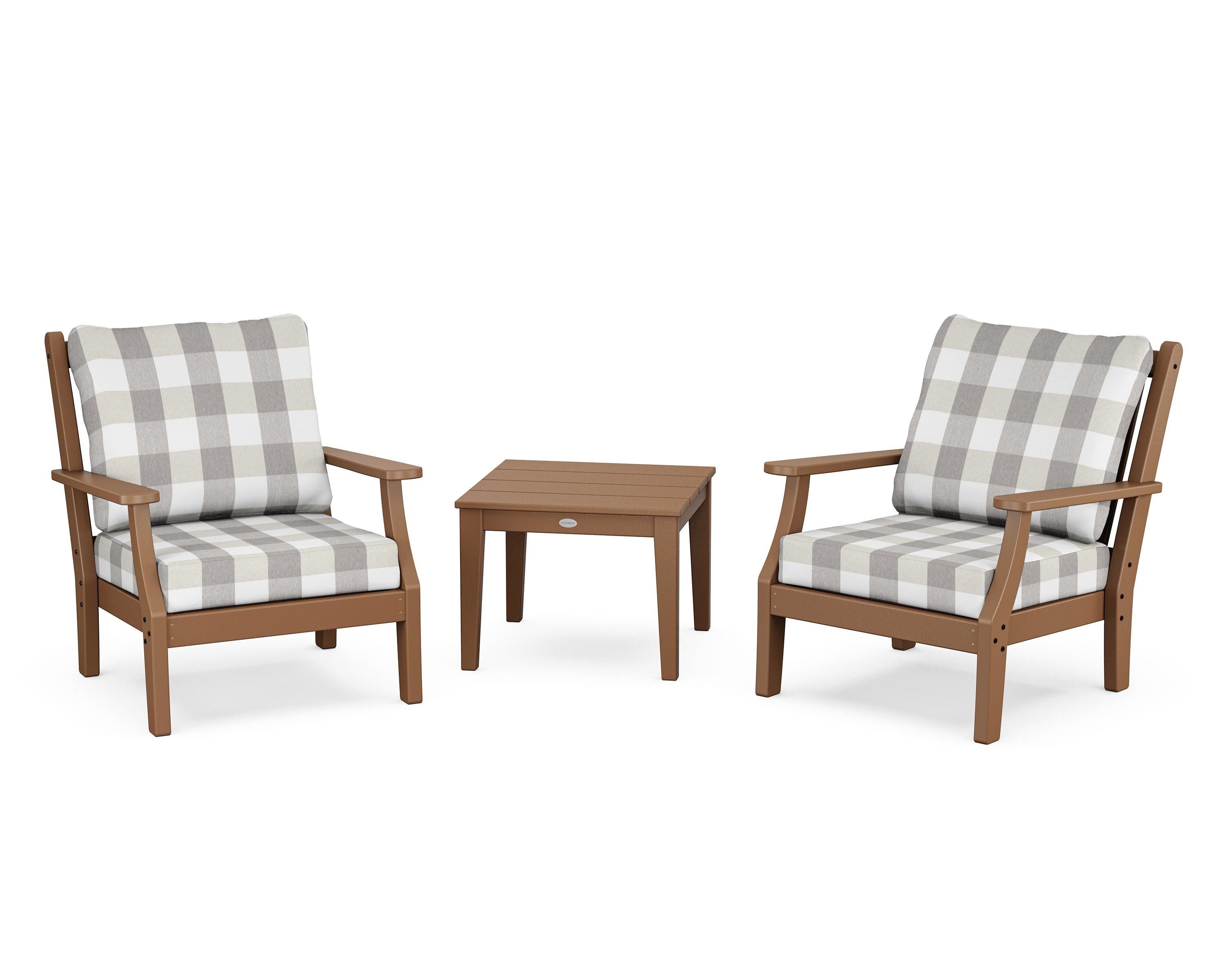 Country Living Wovendale 3-Piece Deep Seating Set in Teak / Buffalo Plaid Grey Mist