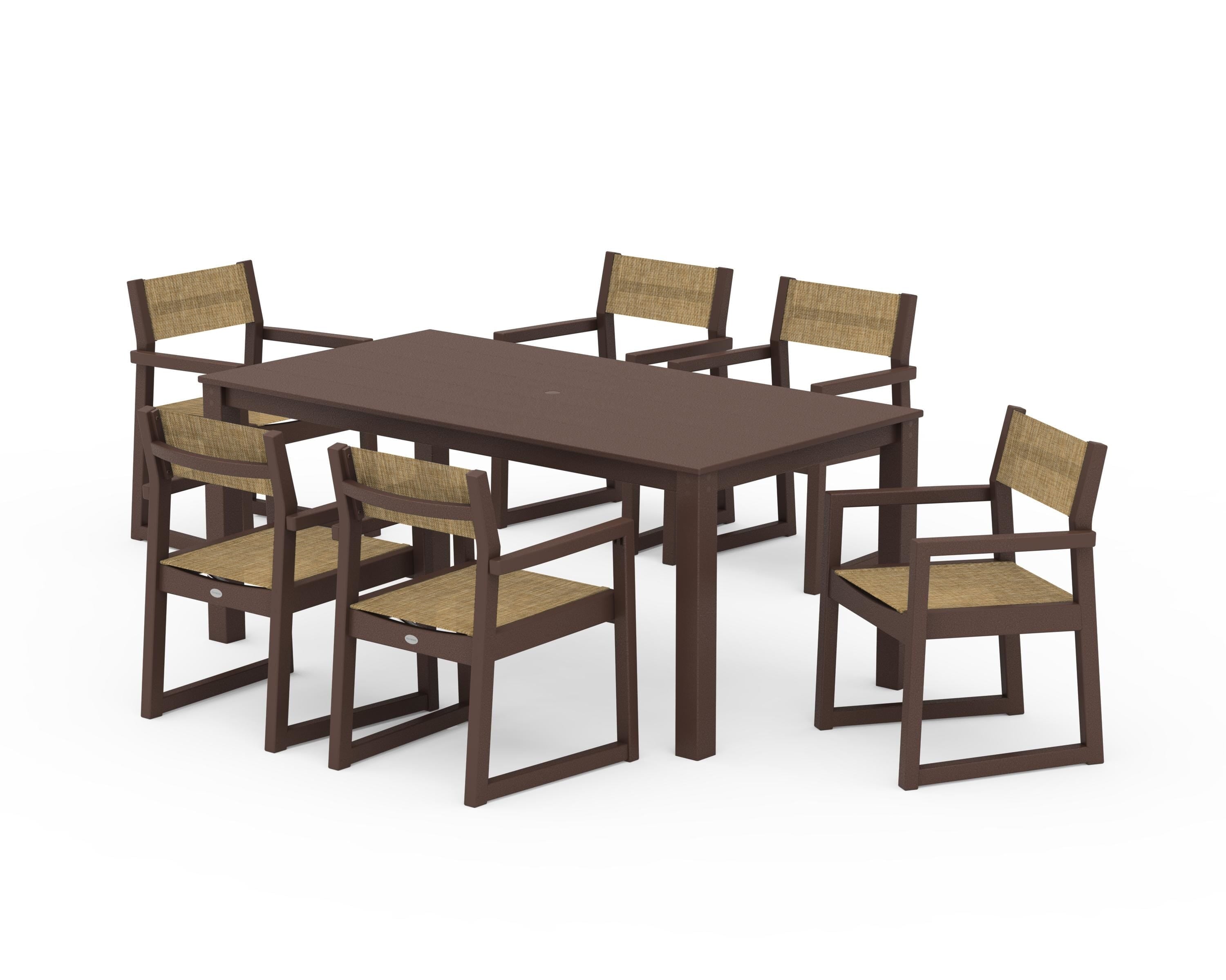 POLYWOOD® EDGE Sling Arm Chair 7-Piece Parsons Dining Set in Mahogany / Burlap Sling