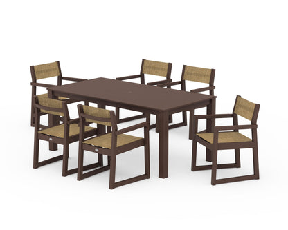 POLYWOOD® EDGE Sling Arm Chair 7-Piece Parsons Dining Set in Mahogany / Burlap Sling