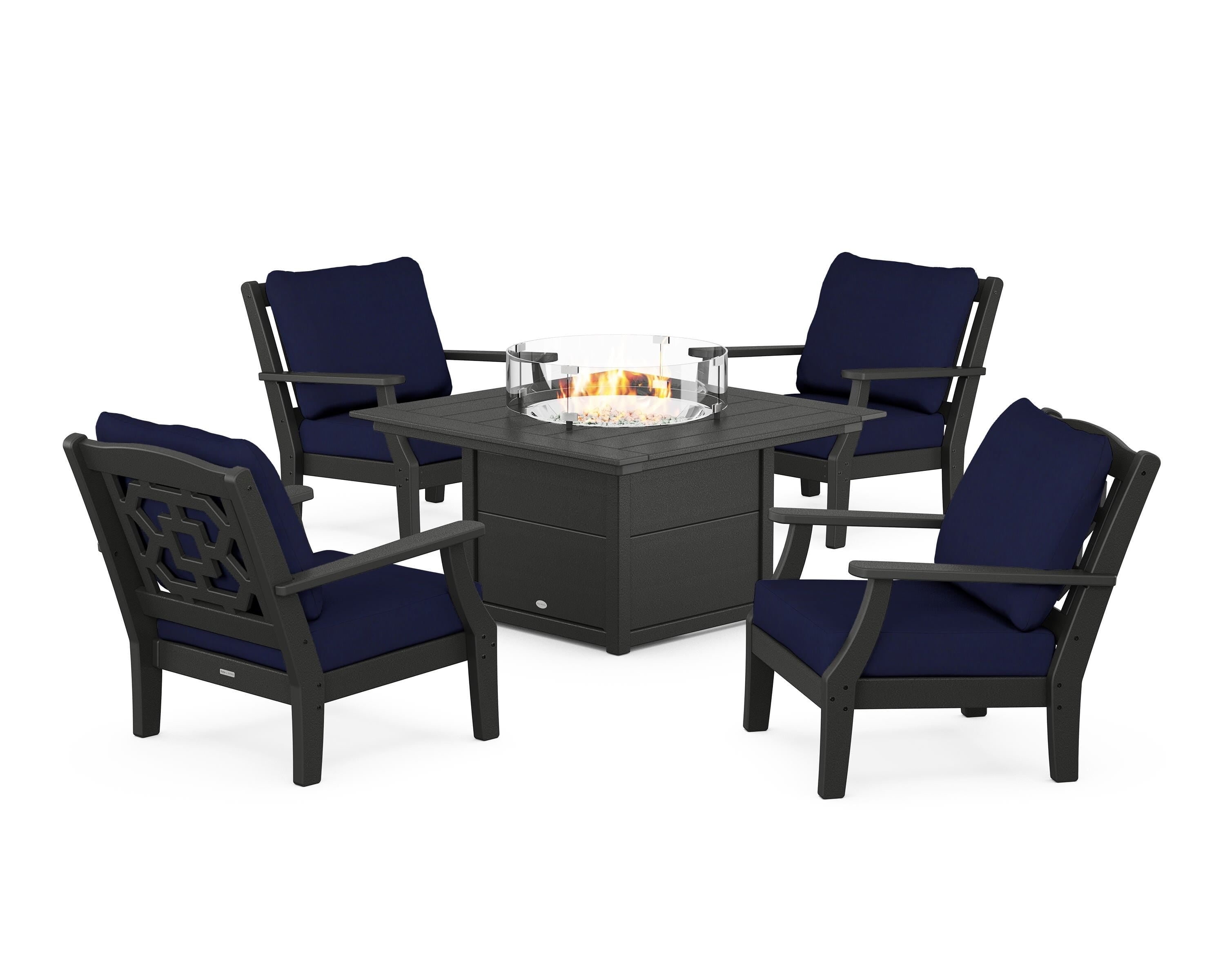 Martha Stewart by POLYWOOD® Chinoiserie 5-Piece Deep Seating Set with Fire Pit Table in Black / Navy