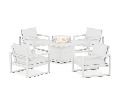 POLYWOOD® EDGE Sectional 5-Piece Deep Seating Set with Fire Pit Table in White / Natural