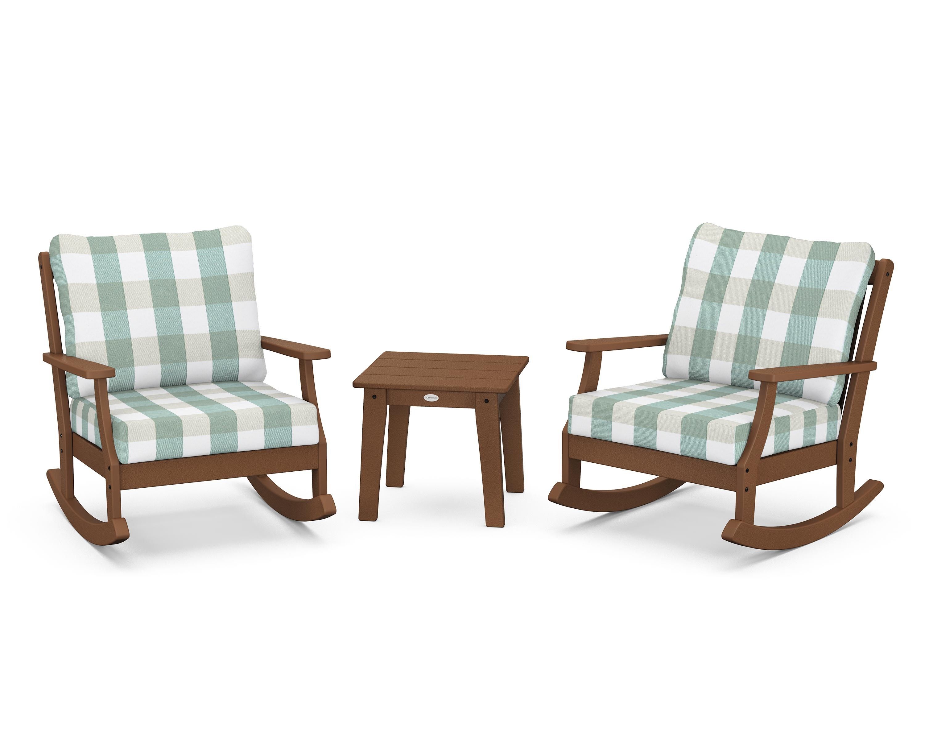 POLYWOOD® Braxton 3-Piece Deep Seating Rocker Set in Teak / Buffalo Plaid Glacier Spa