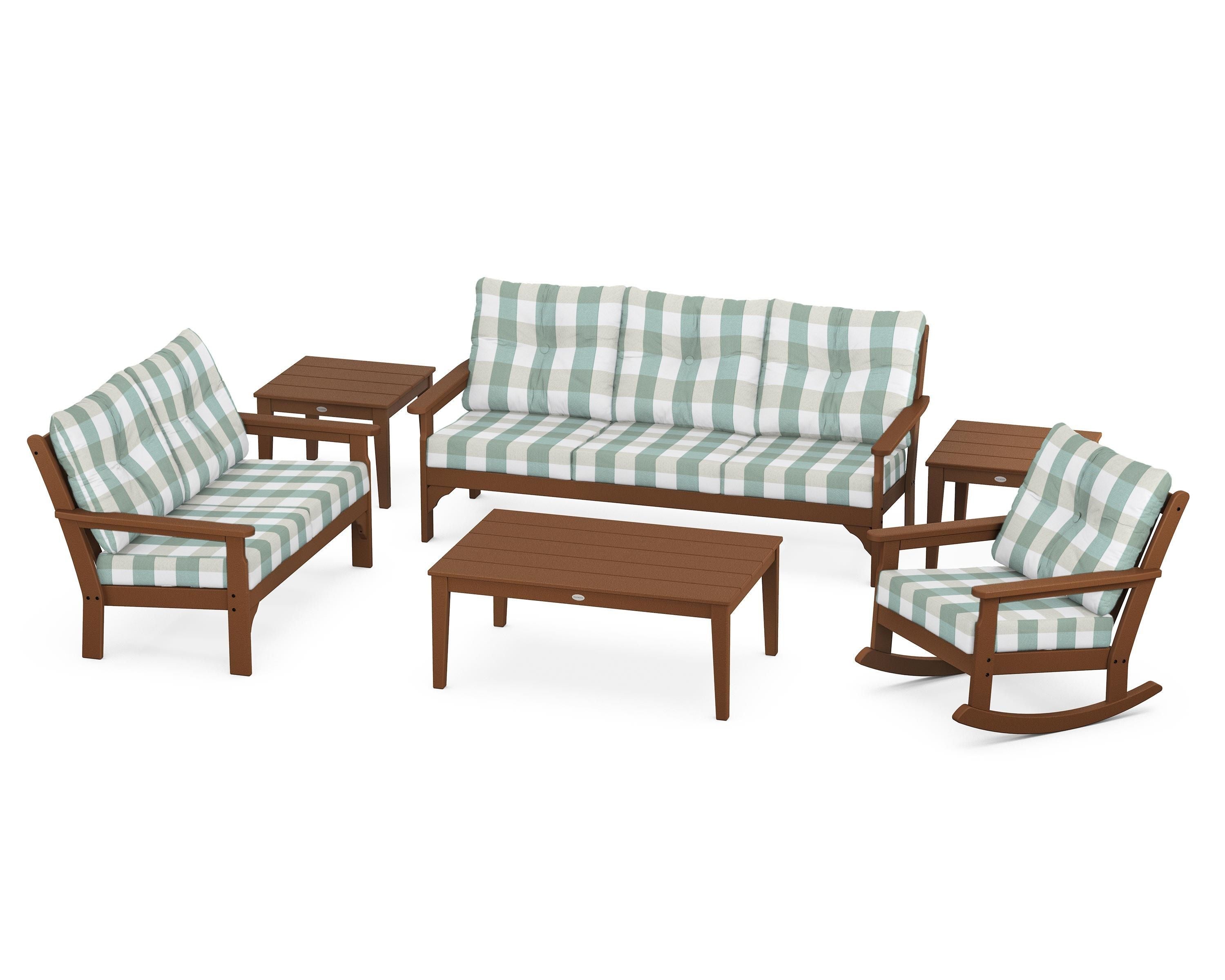 POLYWOOD® Vineyard 6-Piece Deep Seating Set in Teak / Buffalo Plaid Glacier Spa