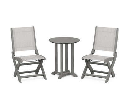 POLYWOOD® Coastal Folding Side Chair 3-Piece Round Bistro Dining Set in Slate Grey / Parchment Sling