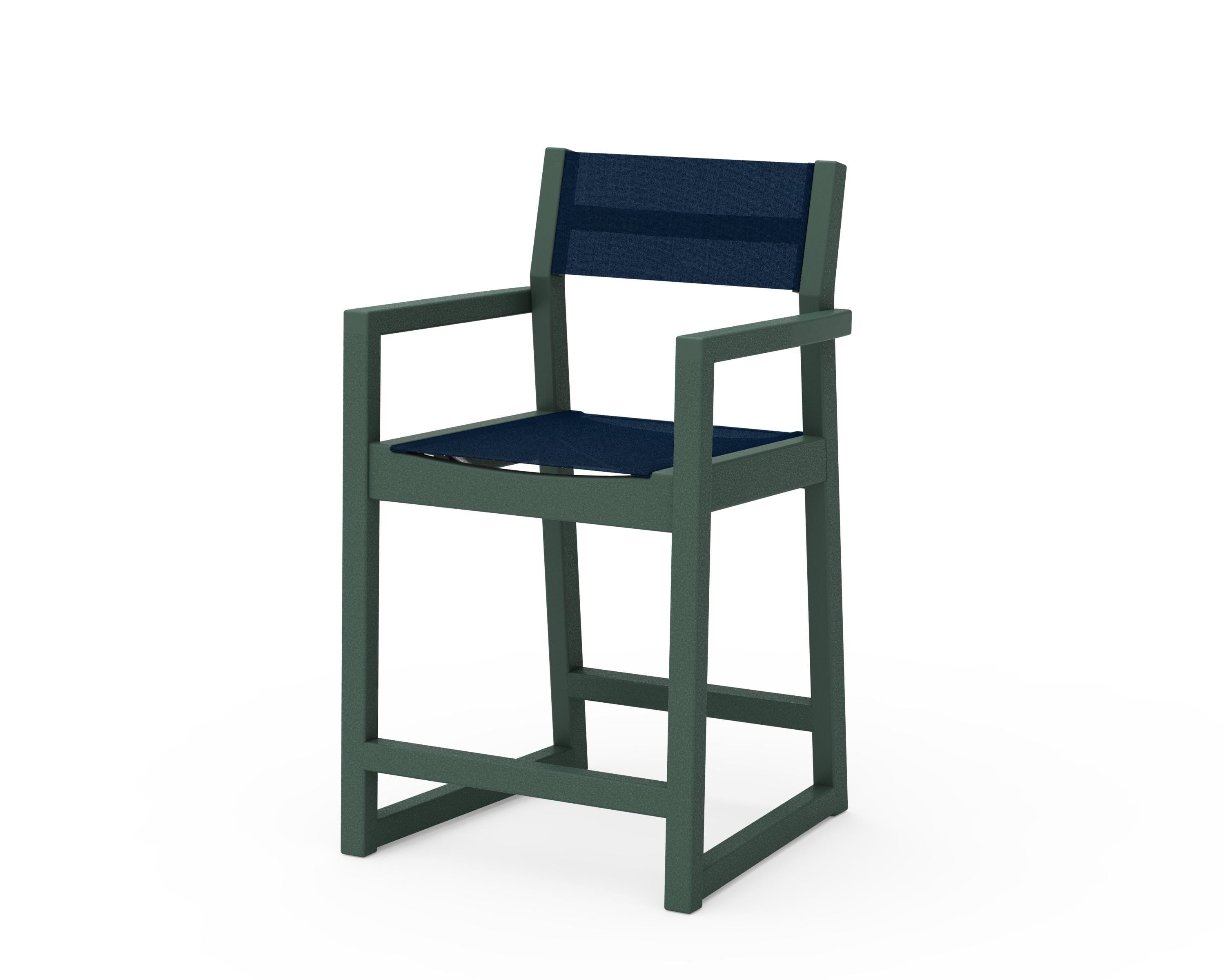 POLYWOOD® EDGE Sling Counter Arm Chair in Green / Navy Blue Sling