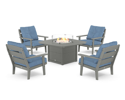 POLYWOOD® Lakeside 5-Piece Deep Seating Set with Nautical Fire Pit Table in Slate Grey / Sky Blue