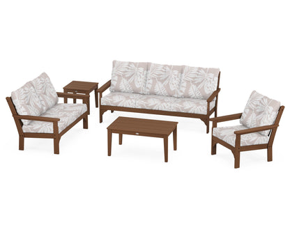 POLYWOOD® Vineyard 5 Piece Deep Seating Set in Teak / Leaf Dune Burlap