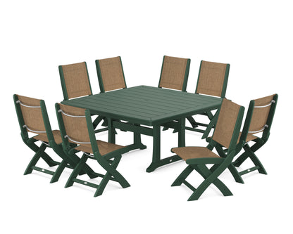 POLYWOOD® Coastal Folding Side Chair 9-Piece Dining Set with Trestle Legs in Green / Burlap Sling