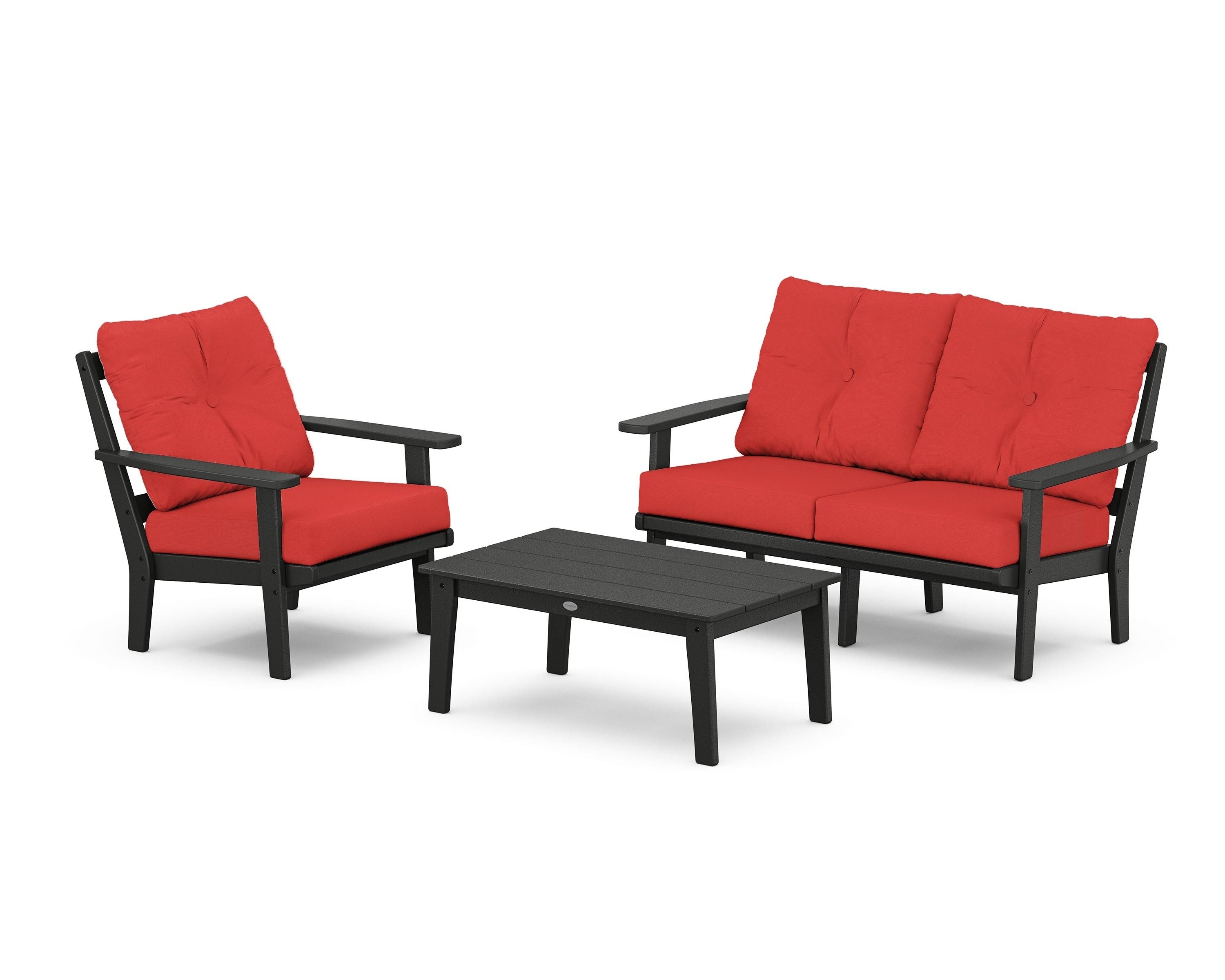 POLYWOOD® Prairie 3-Piece Deep Seating Set with Loveseat in Black / Crimson Linen