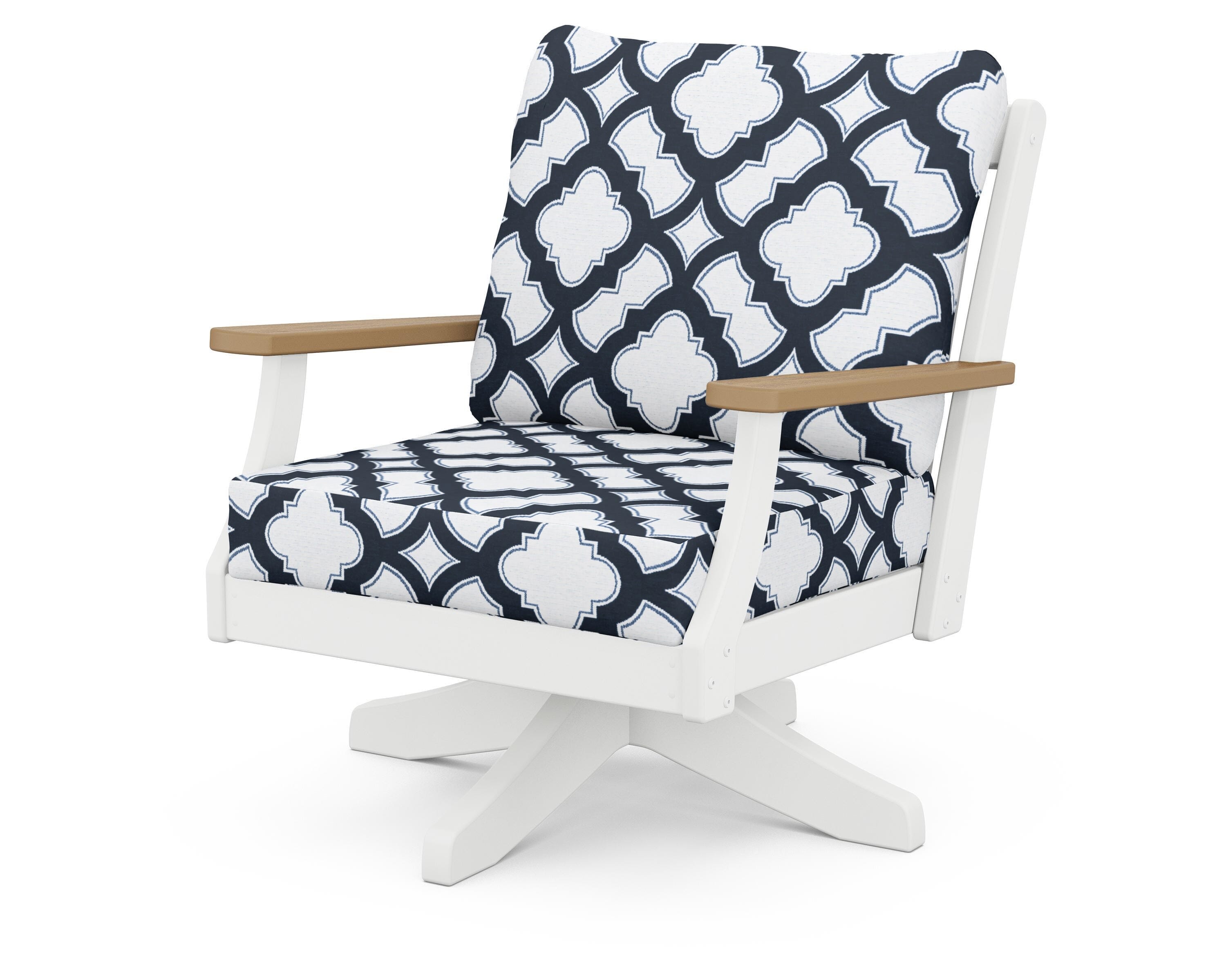 POLYWOOD® Braxton Deep Seating Swivel Chair in White / Natural / Trellis Marine Indigo