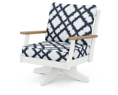 POLYWOOD® Braxton Deep Seating Swivel Chair in White / Natural / Trellis Marine Indigo