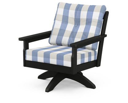 POLYWOOD® Vineyard Deep Seating Swivel Chair in Black / Buffalo Plaid Sky Blue