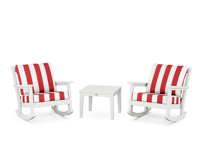 POLYWOOD® Chippendale 3-Piece Deep Seating Rocker Set in White / Cabana Stripe Crimson