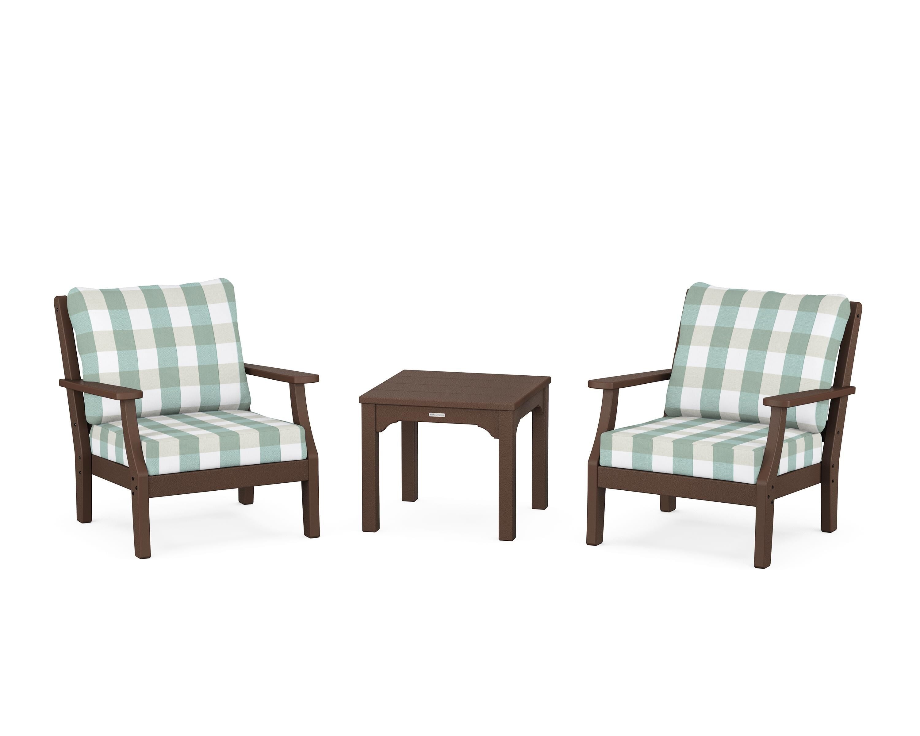 Martha Stewart by POLYWOOD® Chinoiserie 3-Piece Deep Seating Set in Mahogany / Buffalo Plaid Glacier Spa