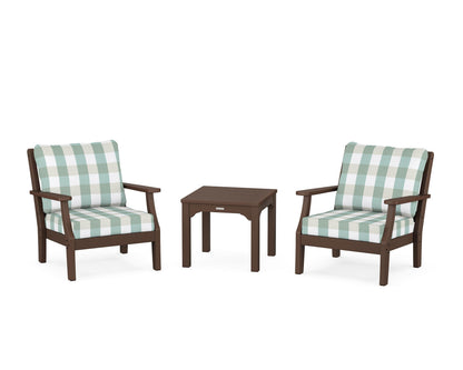 Martha Stewart by POLYWOOD® Chinoiserie 3-Piece Deep Seating Set in Mahogany / Buffalo Plaid Glacier Spa