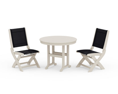 POLYWOOD® Coastal Folding Side Chair 3-Piece Round Dining Set in Sand / Black Sling