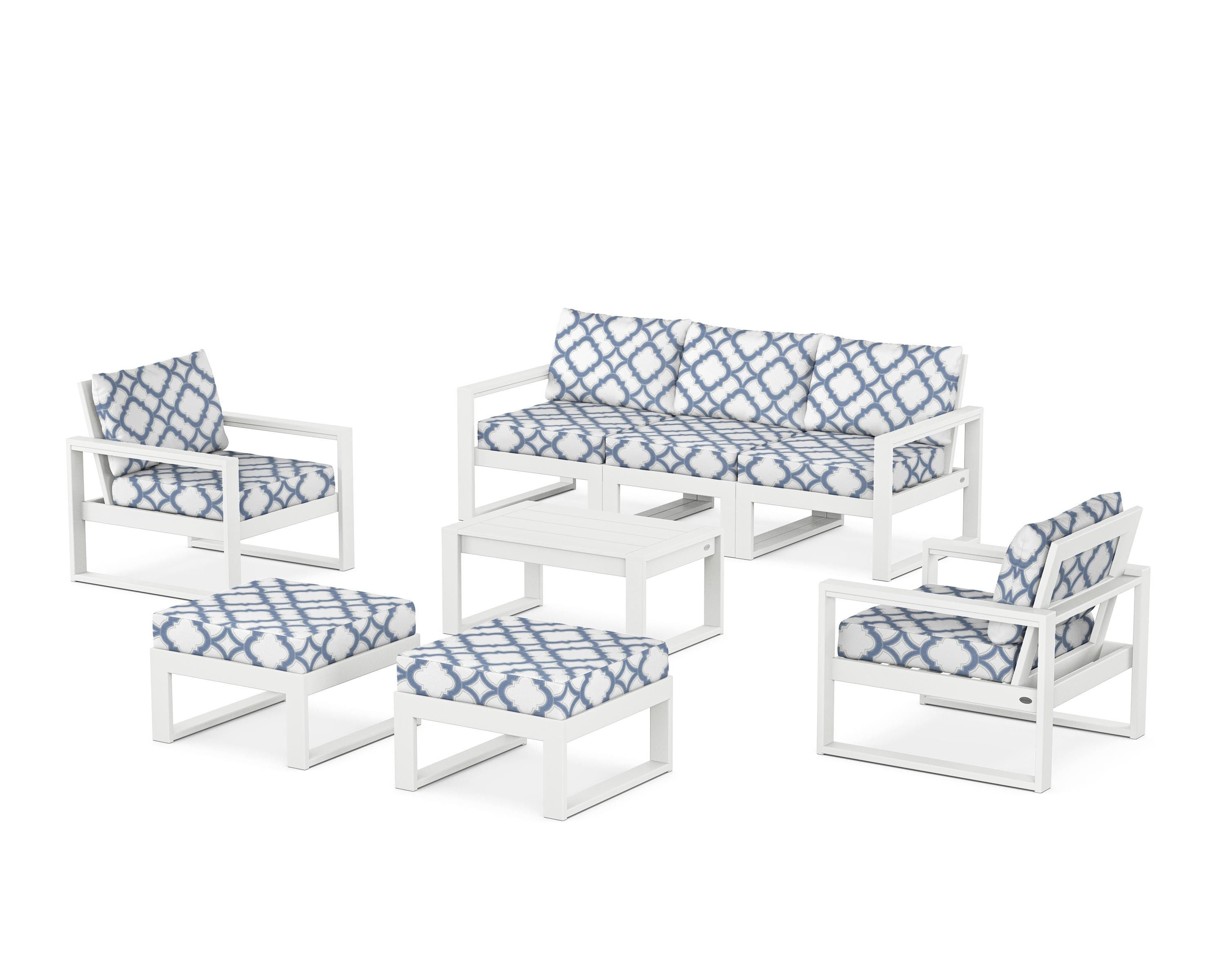 POLYWOOD® EDGE Sectional 8-Piece Lounge Sofa Set in White / Trellis Sky Blue