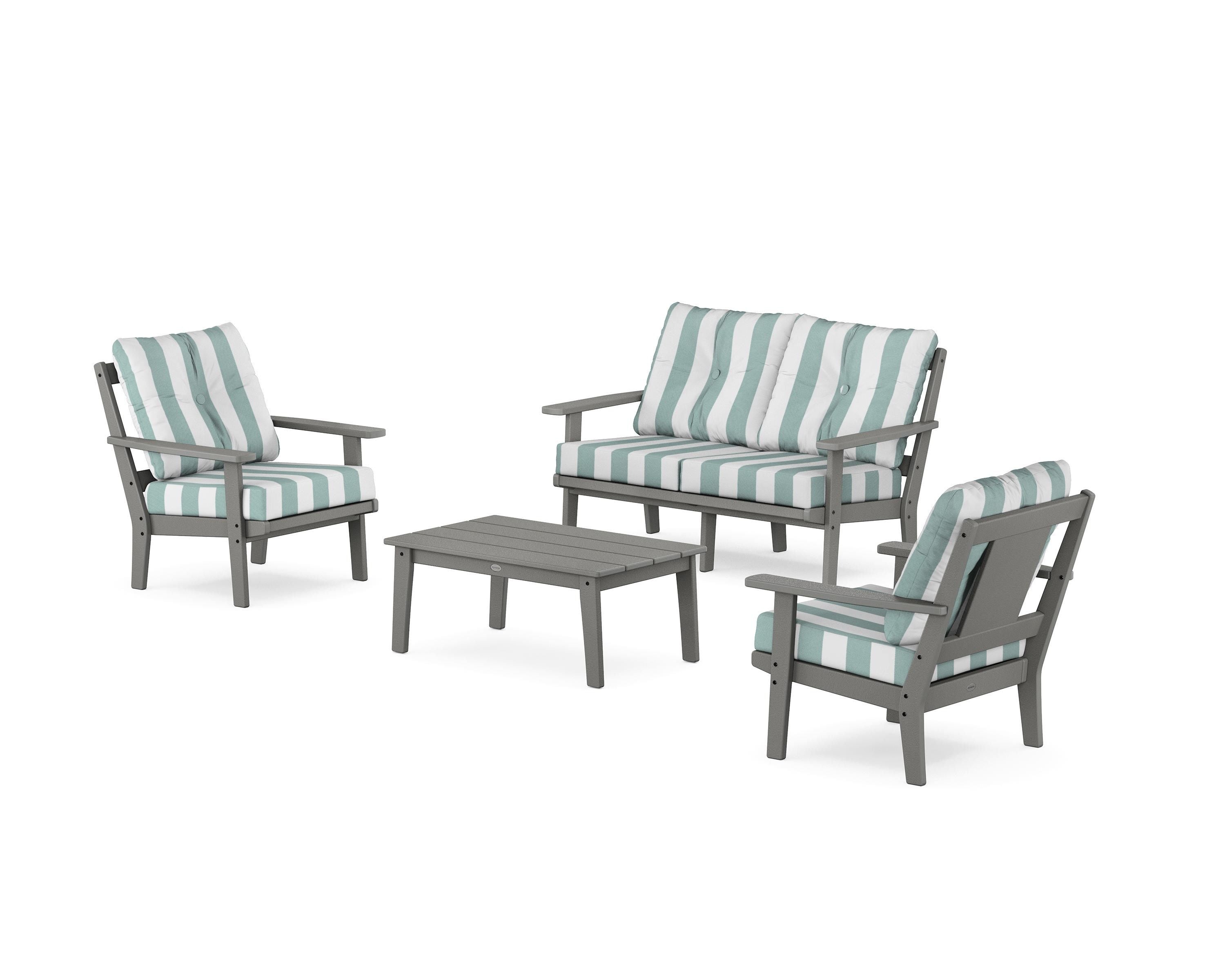 POLYWOOD® Prairie 4-Piece Deep Seating Set with Loveseat in Slate Grey / Cabana Stripe Glacier Spa